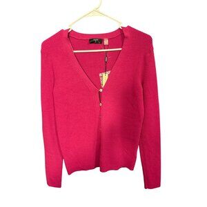 Tahari Womens Viscose Blend Ribbed Knit Cardigan Sweater M/M Arctic Pink New Wit